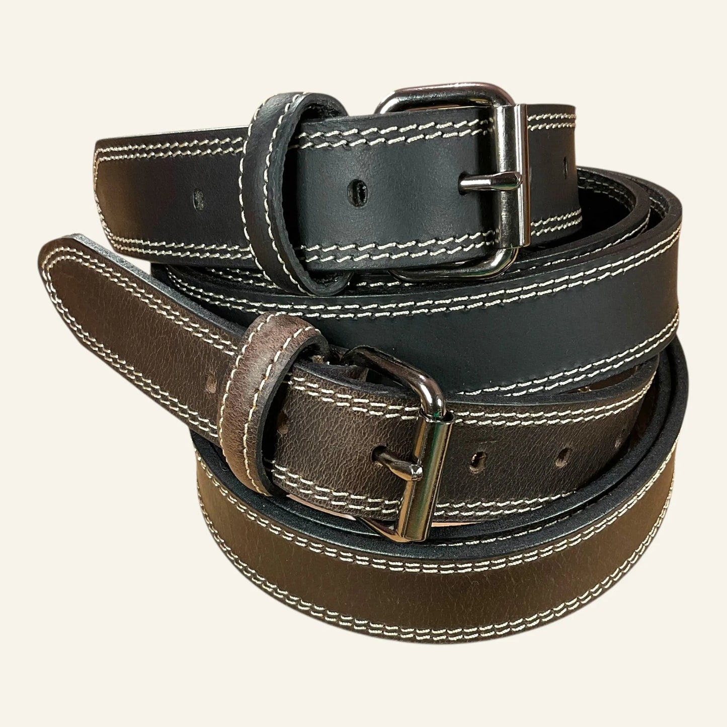 2 ceintures en cuir 3,5cm et double piqure avec boucle rouleau Isidore