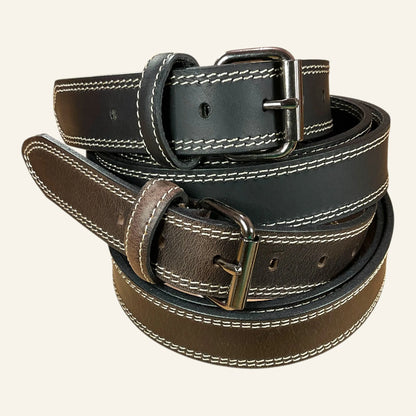 2 ceintures en cuir 3,5cm et double piqure avec boucle rouleau Isidore